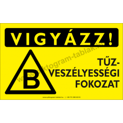 Vigyázz! B tűzveszélyességi fokozat figyelmeztető piktogram tábla