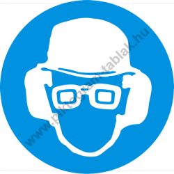 Fejvédő, hallásvédő és védőszemüveg használata kötelező munkavédelmi piktogram matrica