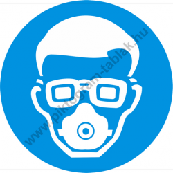 Porvédő maszk és védőszemüveg használata kötelező munkavédelmi piktogram matrica