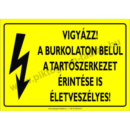 A burkolaton belül a tartószerkezet érintése is életveszélyes villamossági piktogram tábla